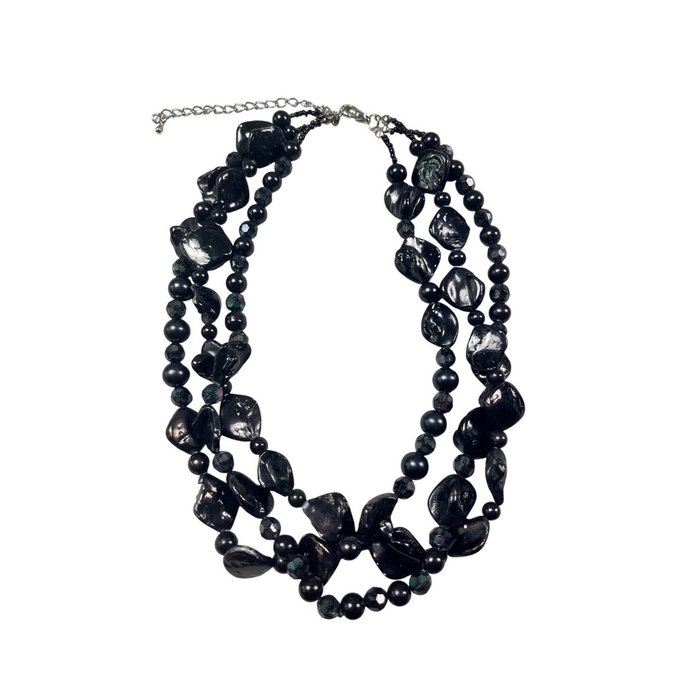 Black‎ Iridescent Triple Strand Beaded Statement Necklace Adjustable Silver Tone